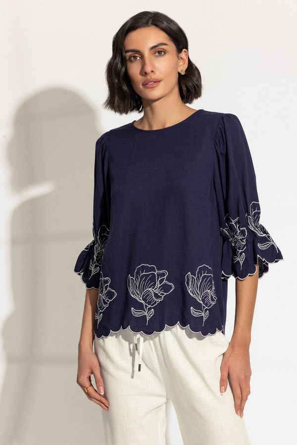 Carraig Donn Navy Linen Blend Embroidered Top