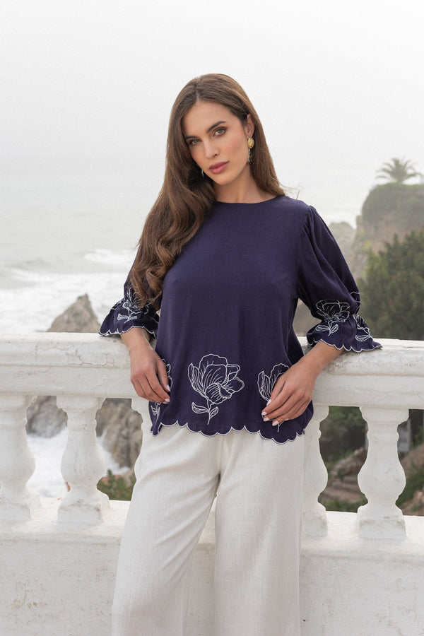 Carraig Donn Navy Linen Blend Embroidered Top