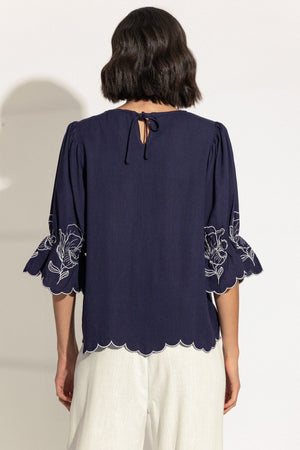 Carraig Donn Navy Linen Blend Embroidered Top