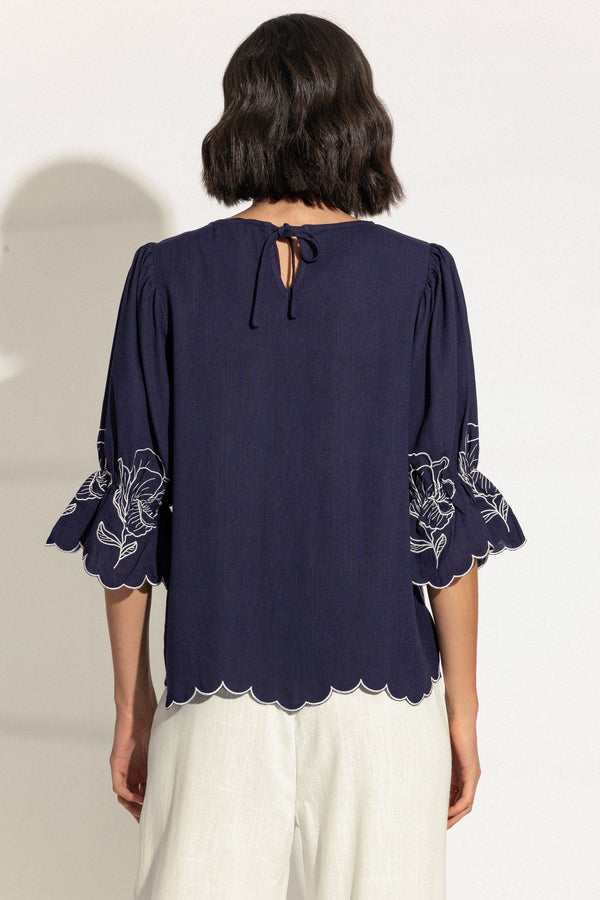 Carraig Donn Navy Linen Blend Embroidered Top