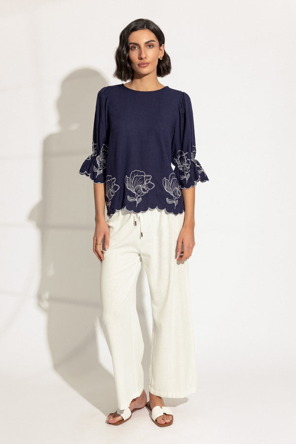 Carraig Donn Navy Linen Blend Embroidered Top