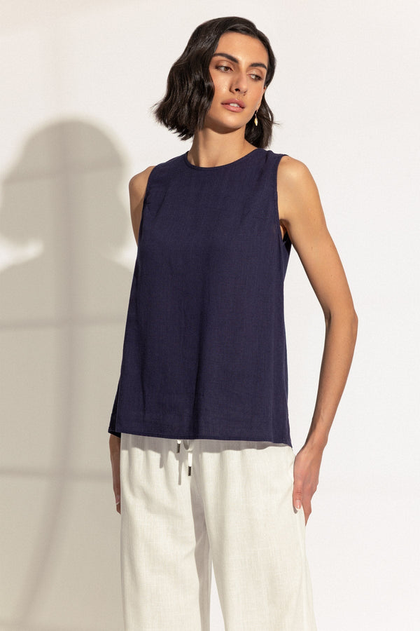 Carraig Donn Navy Linen Blend Top with Button Back Detail