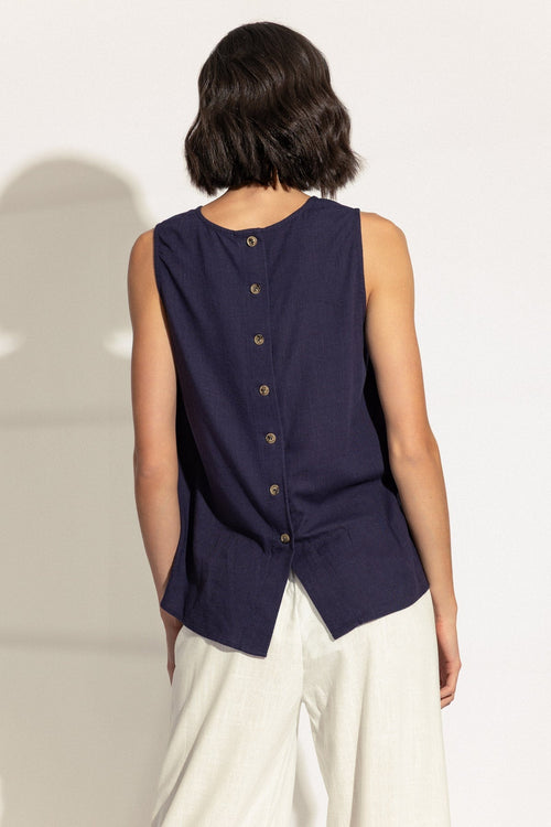 Carraig Donn Navy Linen Blend Top with Button Back Detail