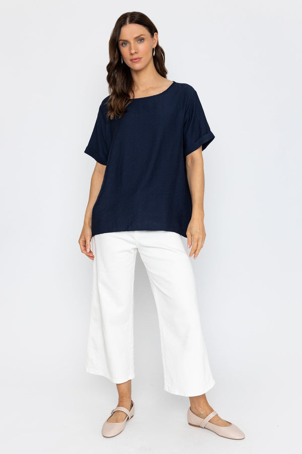 Carraig Donn Navy Linen Like Top with Back Buttons