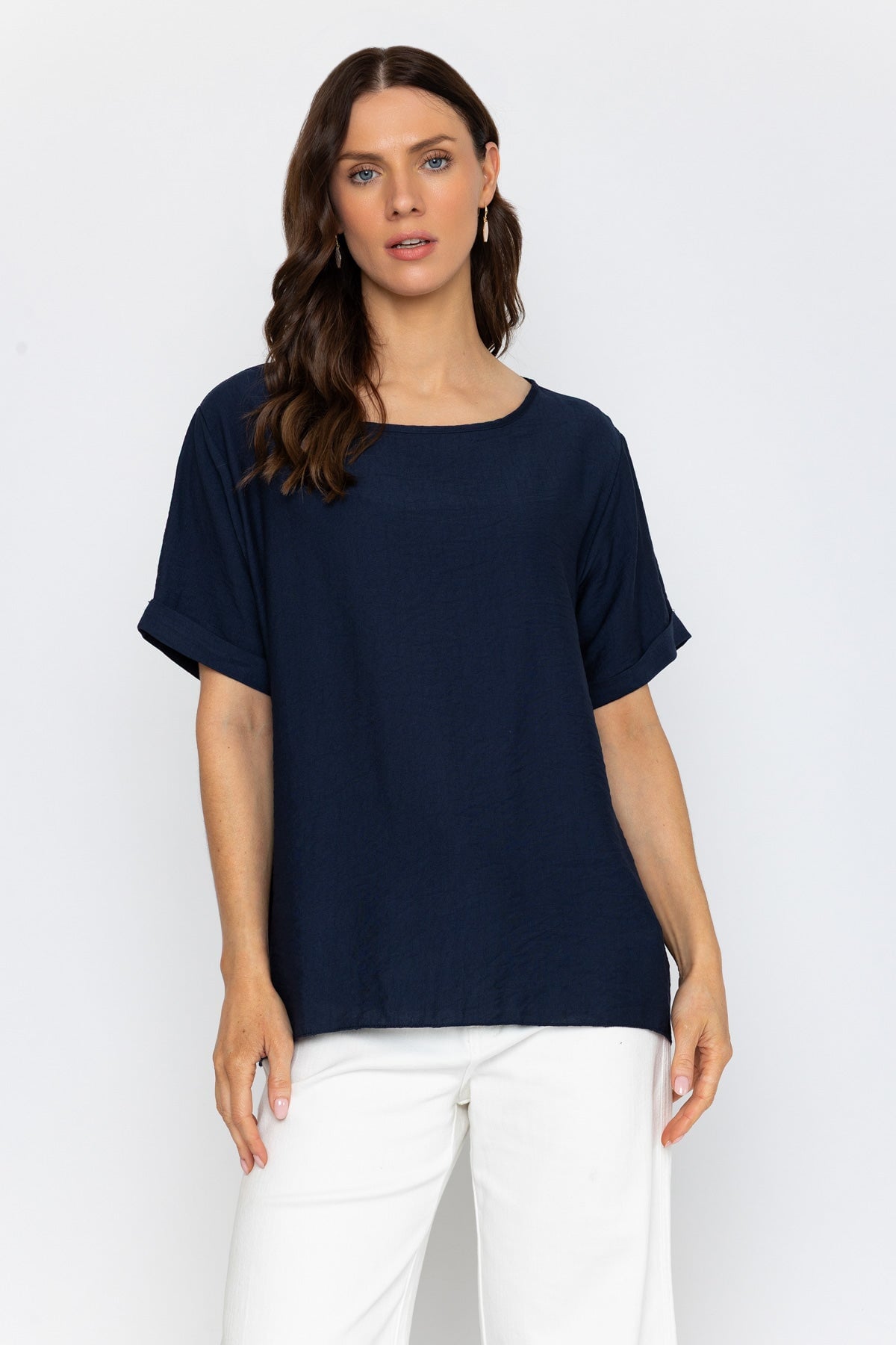Navy Linen Like Top with Back Buttons