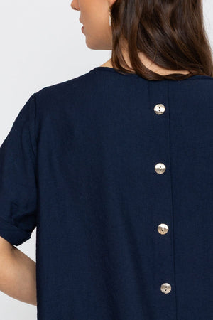 Carraig Donn Navy Linen Like Top with Back Buttons
