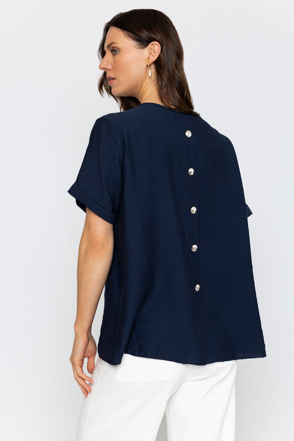 Carraig Donn Navy Linen Like Top with Back Buttons