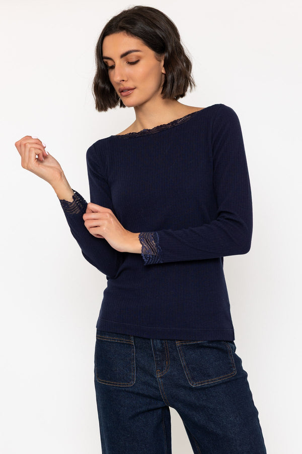 Carraig Donn Navy Long Sleeve Lace Neck Ribbed Top