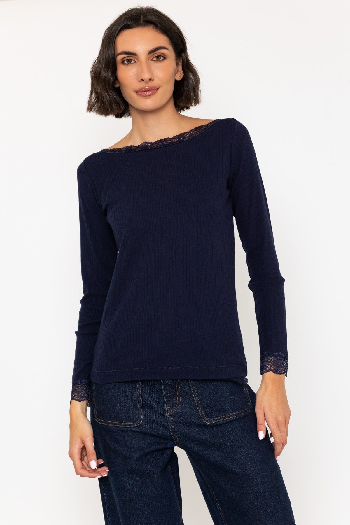 Navy Long Sleeve Lace Neck Ribbed Top