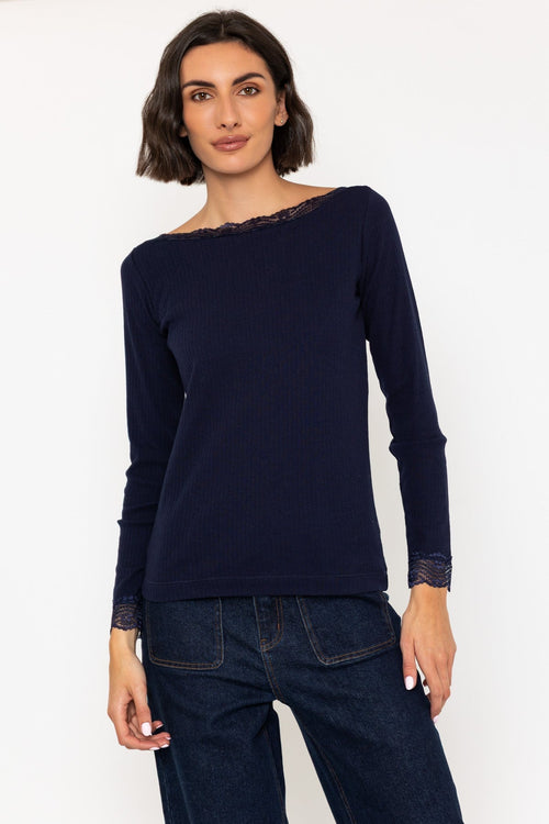 Navy Long Sleeve Lace Neck Ribbed Top