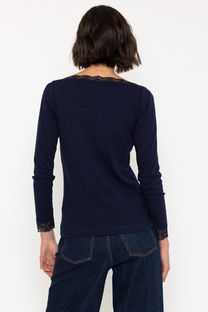 Carraig Donn Navy Long Sleeve Lace Neck Ribbed Top