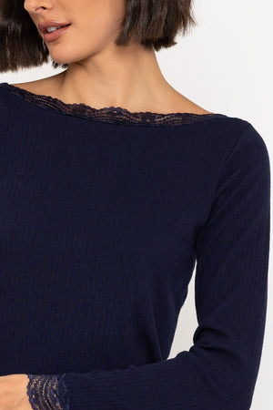 Carraig Donn Navy Long Sleeve Lace Neck Ribbed Top