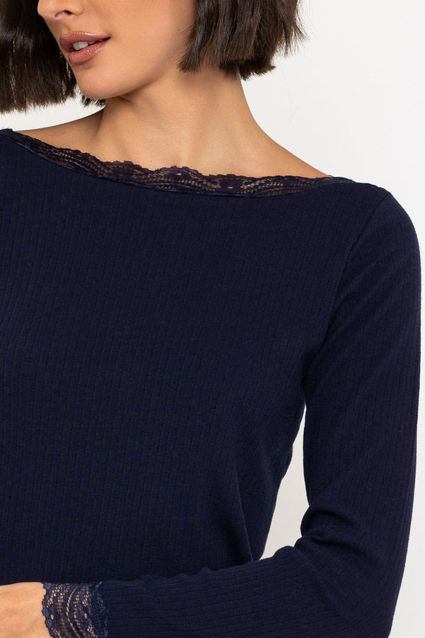 Carraig Donn Navy Long Sleeve Lace Neck Ribbed Top