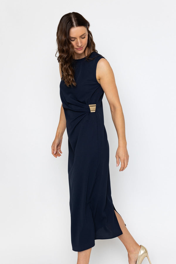 Carraig Donn Navy Midi Dress with Gathered Side Detail