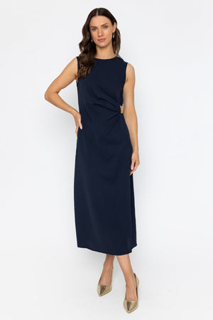Carraig Donn Navy Midi Dress with Gathered Side Detail