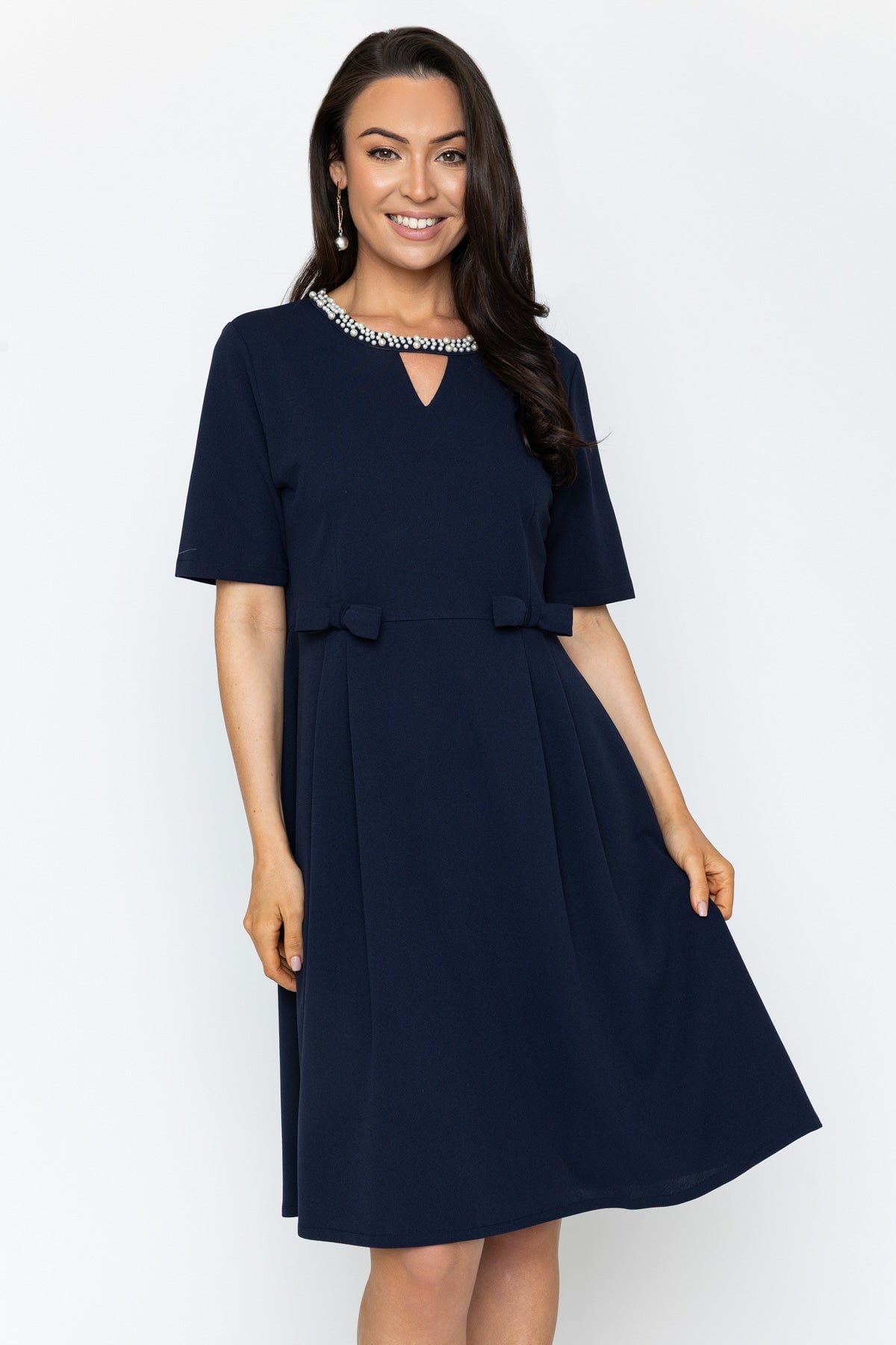 Navy Pearl Neck Knee Length Dress | Ladies Fashion
