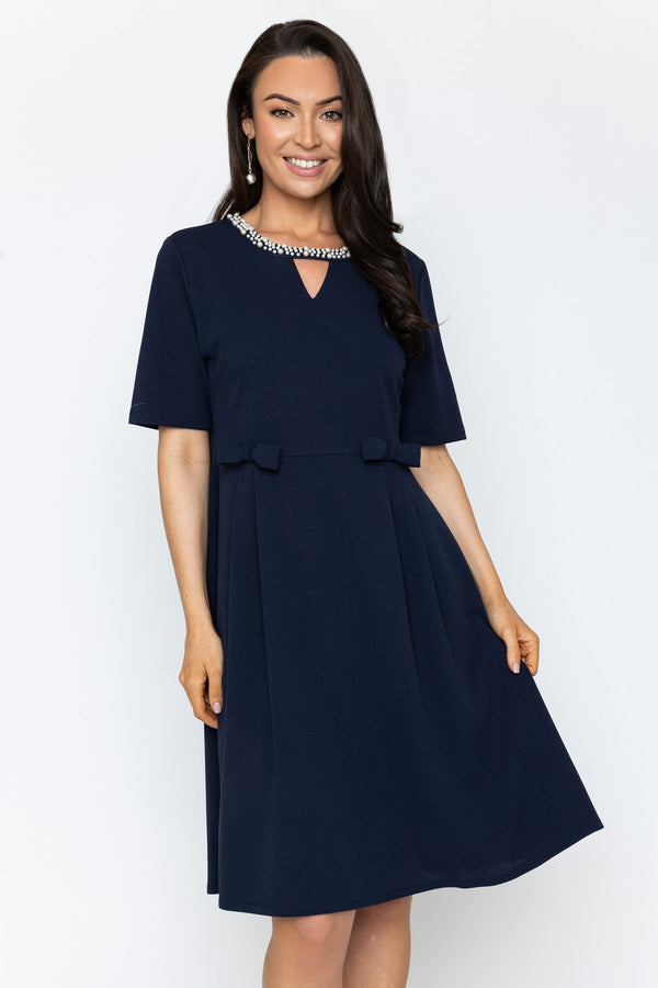 Navy Pearl Neck Knee Length Dress | Ladies Fashion | Carraig Donn Navy Pearl Neck Knee Length Dress | Ladies Fashion | Carraig Donn