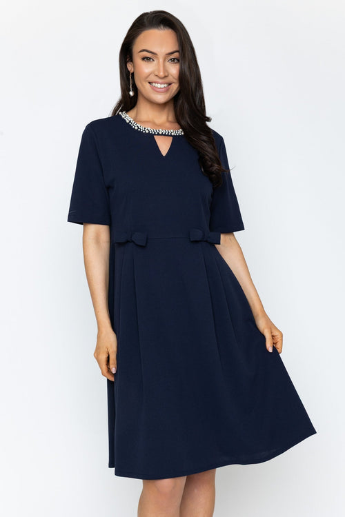 Navy Pearl Neck Knee Length Dress