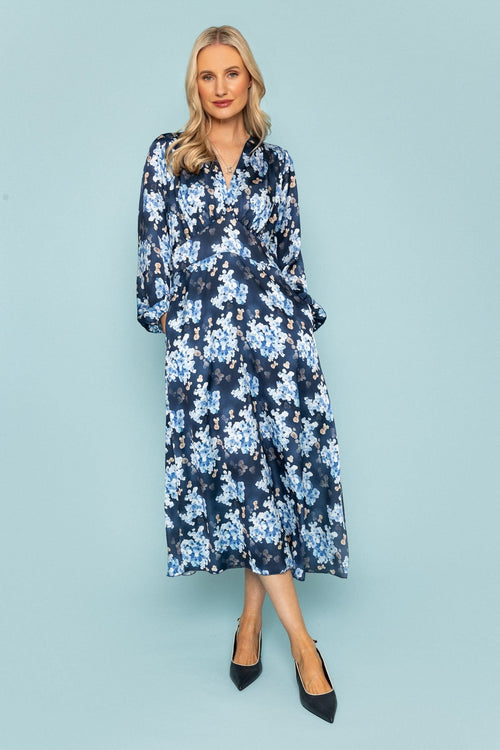 Navy Print Sateen Cliodhna Midi Dress