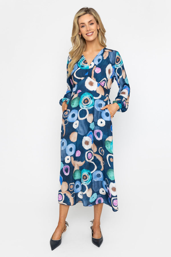 Carraig Donn Navy Print Sateen Cliodhna Midi Dress
