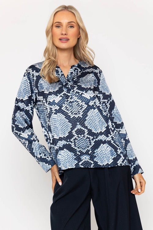 Navy Print Sateen Long Sleeve Blouse