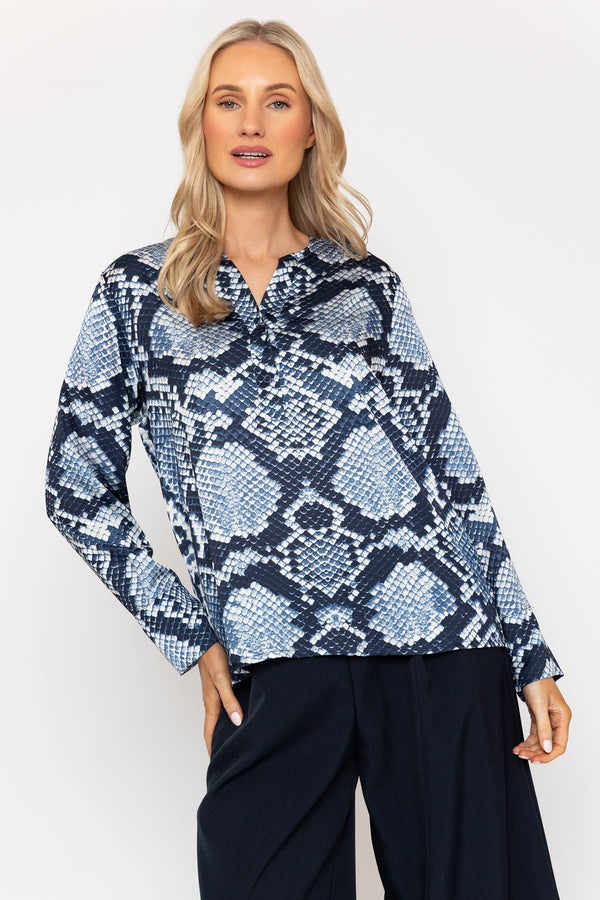 Carraig Donn Navy Print Sateen Long Sleeve Blouse