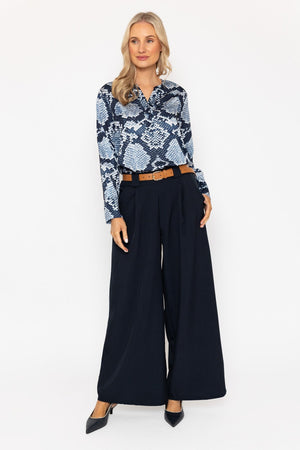 Carraig Donn Navy Print Sateen Long Sleeve Blouse