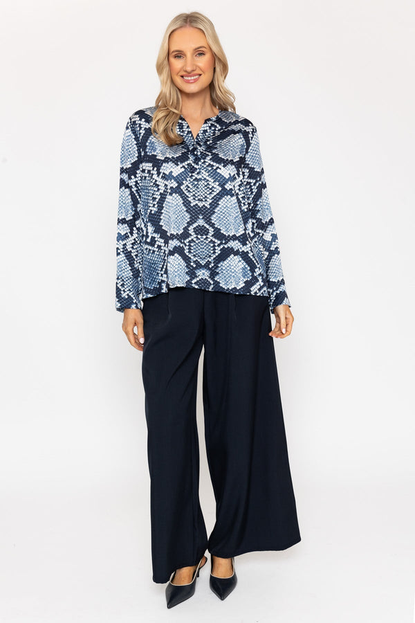 Carraig Donn Navy Print Sateen Long Sleeve Blouse
