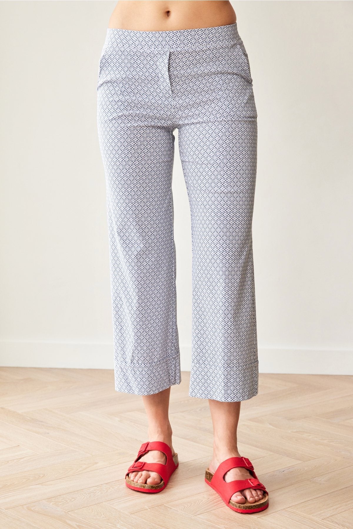 Navy Print Turn Up Trousers