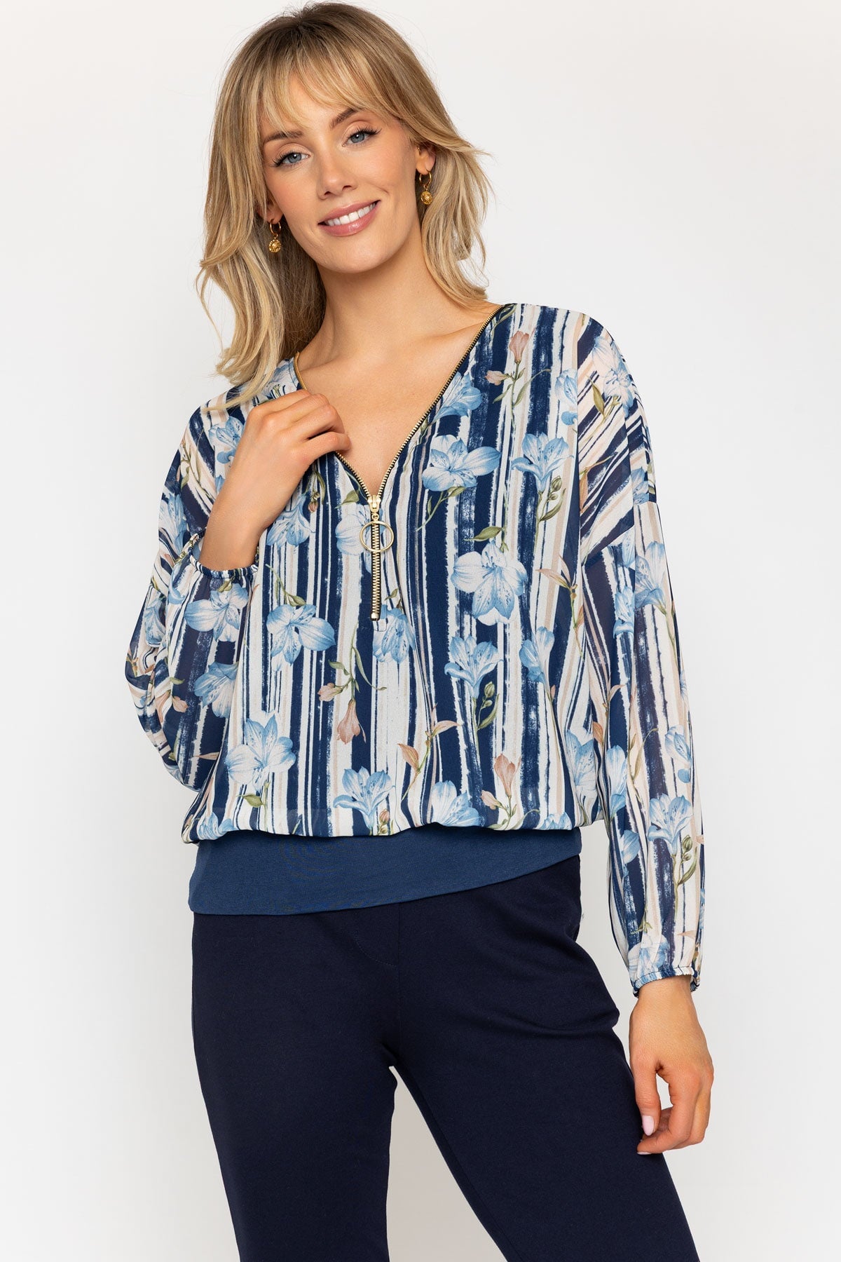 Navy Print Zip Detail Long Sleeve Top