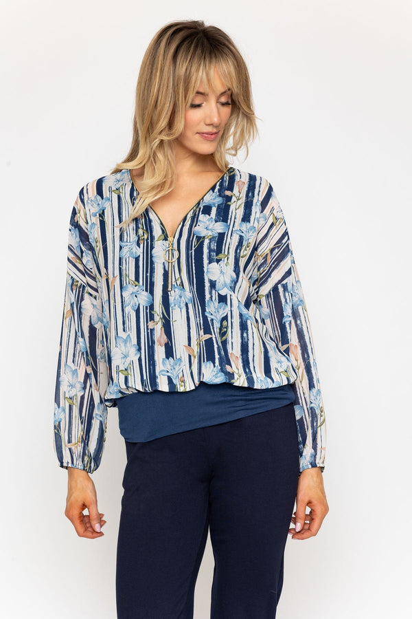 Carraig Donn Navy Print Zip Detail Long Sleeve Top