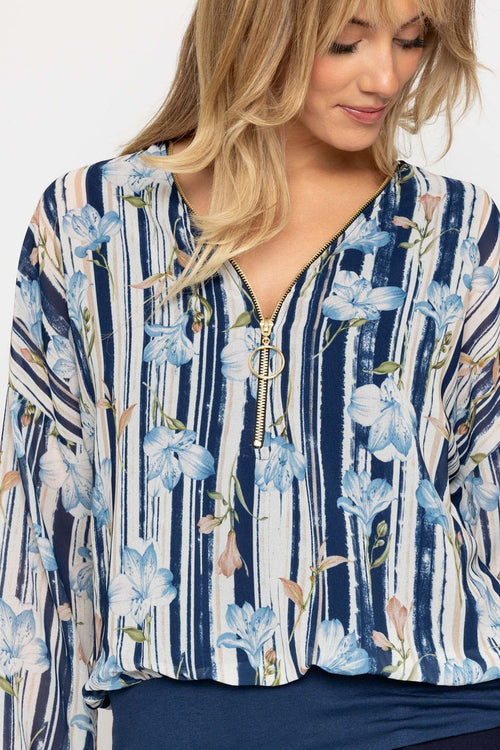 Carraig Donn Navy Print Zip Detail Long Sleeve Top