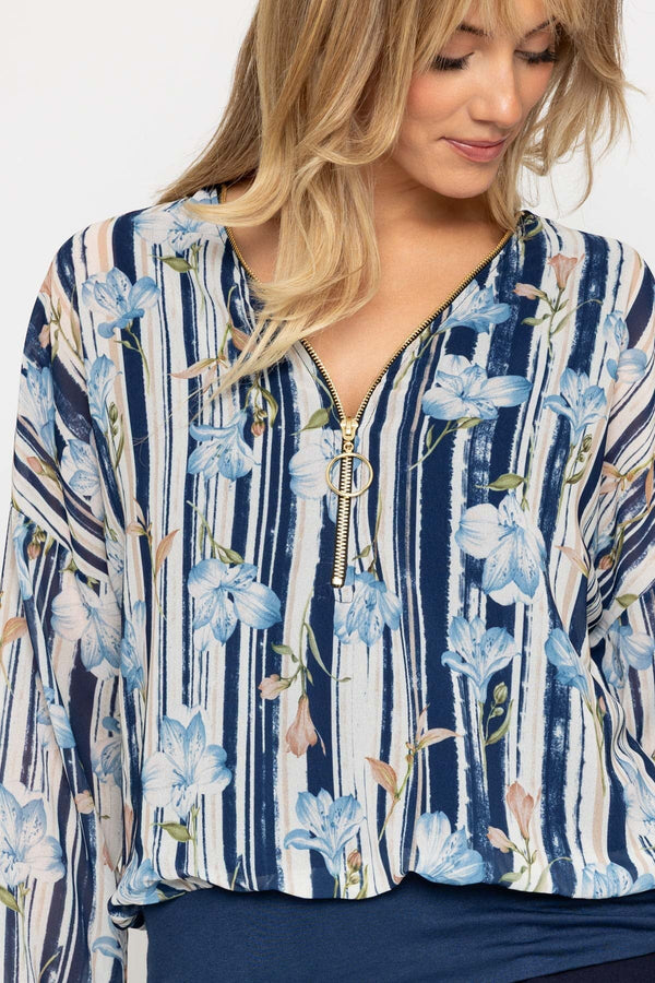 Carraig Donn Navy Print Zip Detail Long Sleeve Top