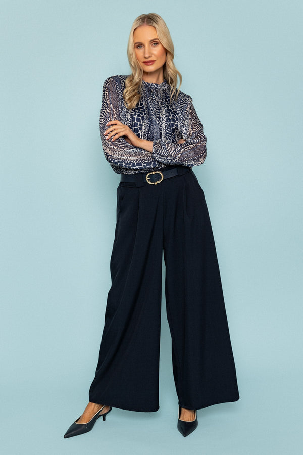 Carraig Donn Navy Printed Lurex Long Sleeve Top