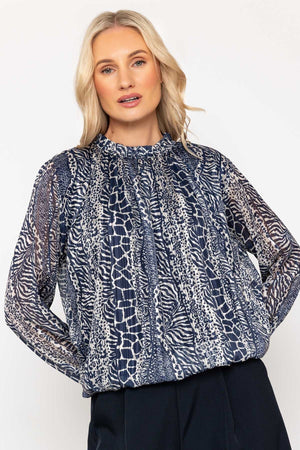 Carraig Donn Navy Printed Lurex Long Sleeve Top