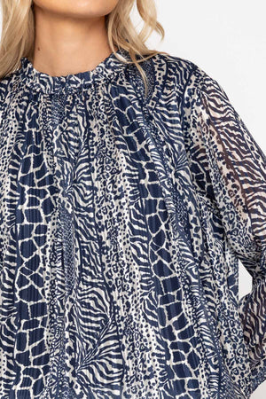 Carraig Donn Navy Printed Lurex Long Sleeve Top