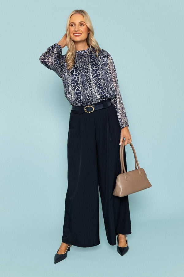 Carraig Donn Navy Printed Lurex Long Sleeve Top