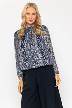 Carraig Donn Navy Printed Lurex Long Sleeve Top