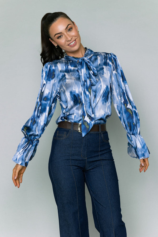 Carraig Donn Navy Printed Pussybow Blouse
