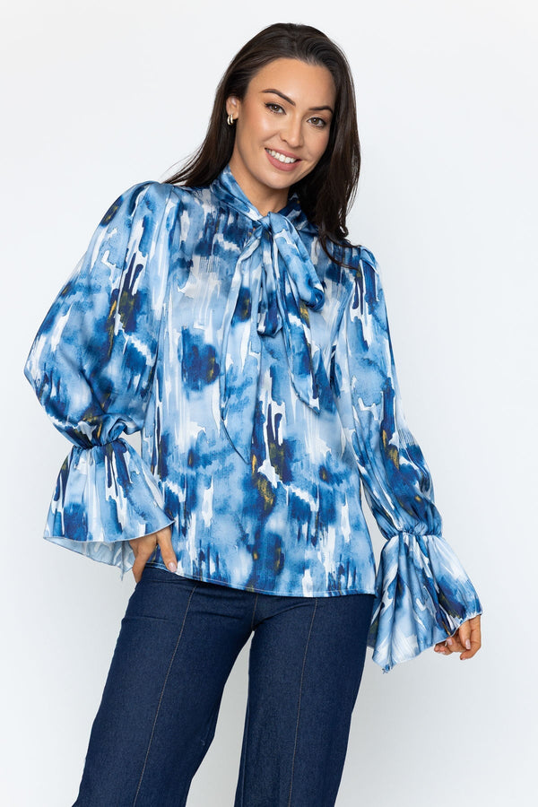 Carraig Donn Navy Printed Pussybow Blouse