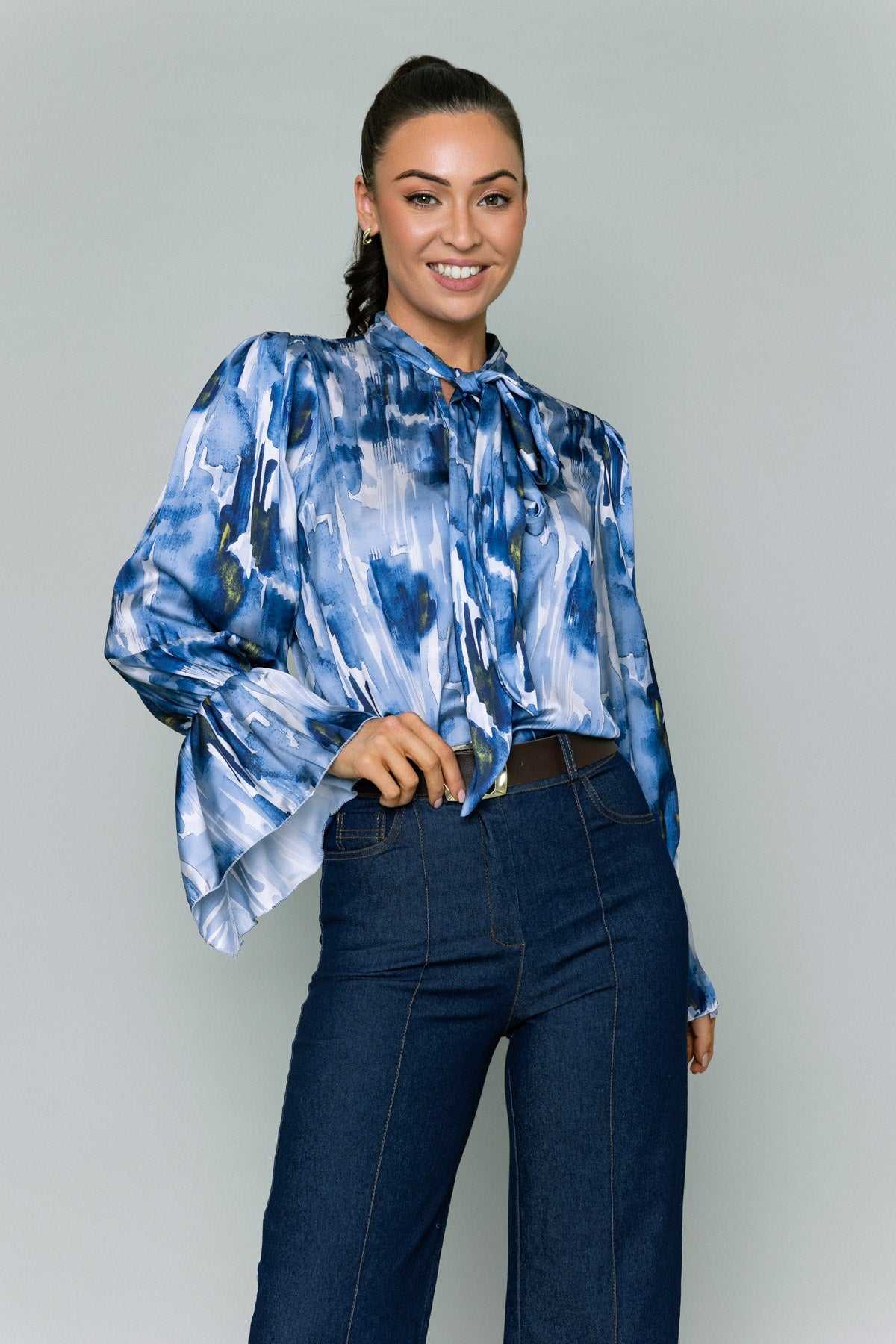 Navy Printed Pussybow Blouse