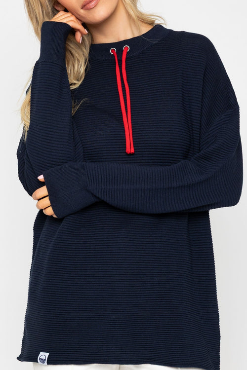 Carraig Donn Navy Rib Sweater With Contrast Neck Ties