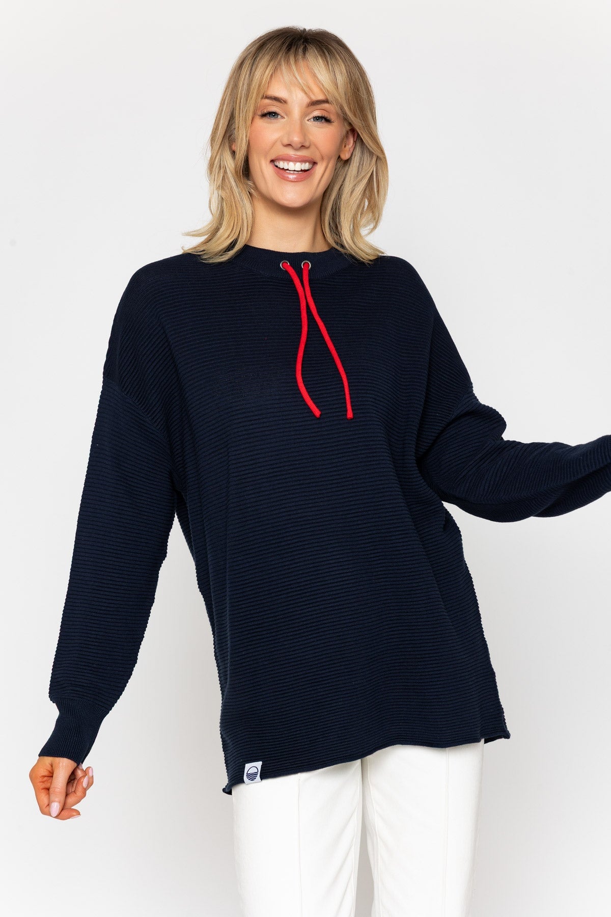 Navy Rib Sweater With Contrast Neck Ties