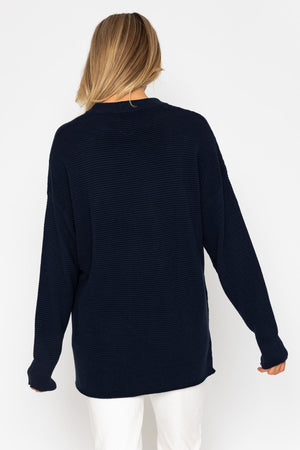 Carraig Donn Navy Rib Sweater With Contrast Neck Ties