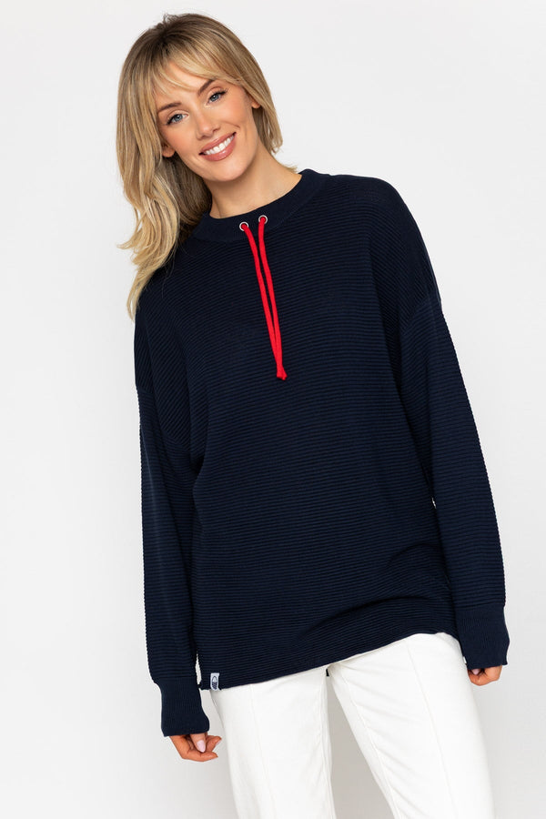 Carraig Donn Navy Rib Sweater With Contrast Neck Ties
