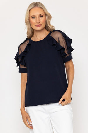 Carraig Donn Navy Ruffle Mesh Sleeve Top