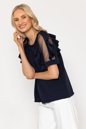 Carraig Donn Navy Ruffle Mesh Sleeve Top