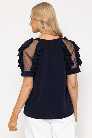 Carraig Donn Navy Ruffle Mesh Sleeve Top