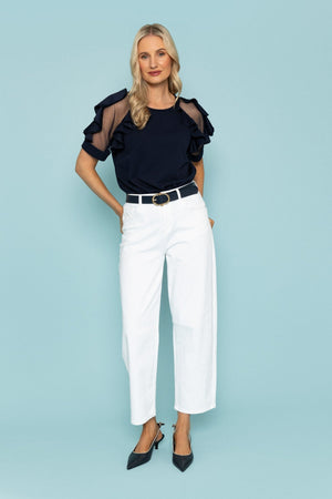 Carraig Donn Navy Ruffle Mesh Sleeve Top