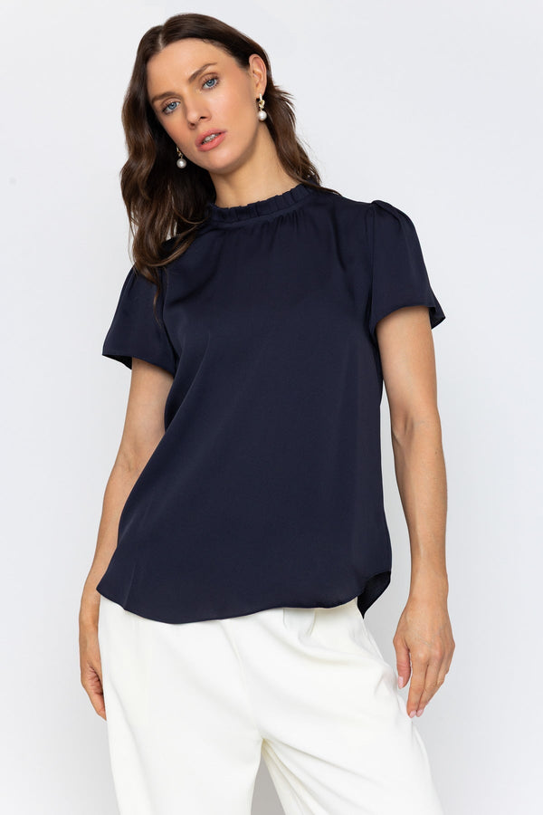 Carraig Donn Navy Satin Top with Ruffle Neck